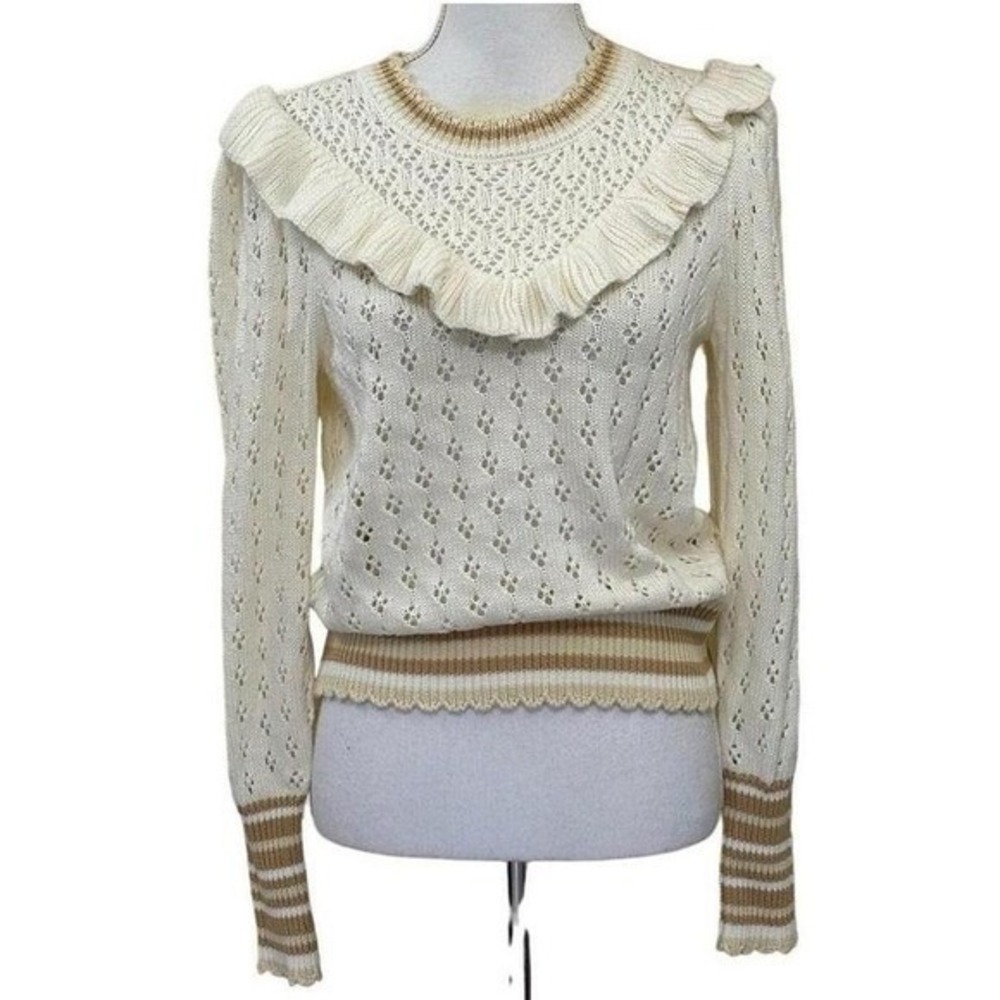 Broadway 38 Pointelle Ruffle Sweater Cotton Blend Cottagecore, Prairie Victorian
